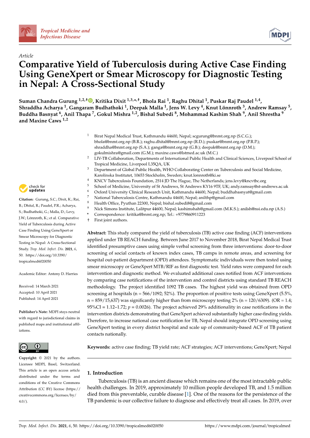 Comparative Yield of Tuberculosis During Active Case Finding Using Genexpert Or Smear Microscopy for Diagnostic Testing in Nepal: a Cross-Sectional Study