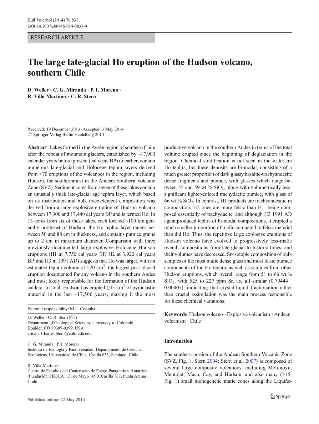 The Large Late-Glacial Ho Eruption of the Hudson Volcano, Southern Chile