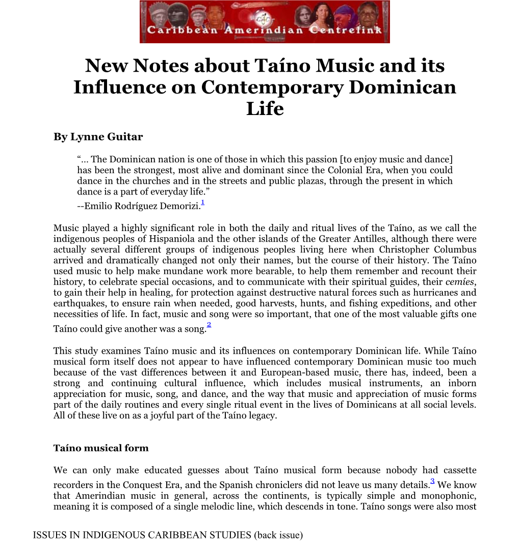 New Notes About Taíno Music and Its Influence on Contemporary Dominican Life