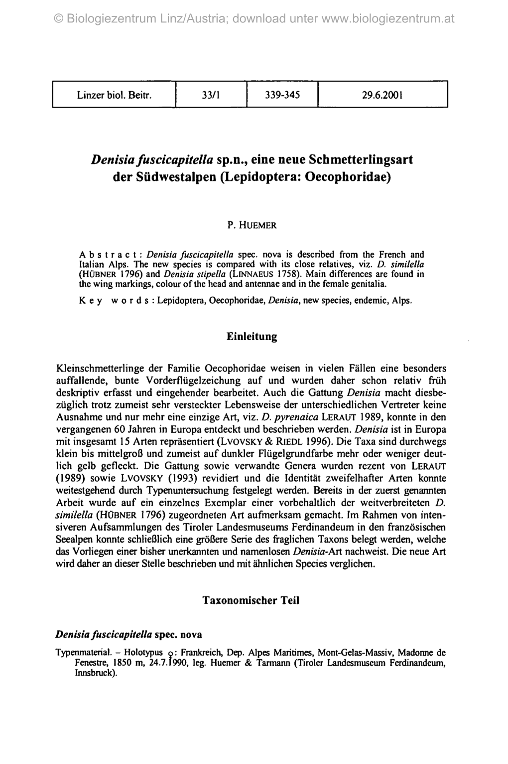 Denisia Fuscicapitella Sp.N., Eine Neue Schmetterlingsart Der Südwestalpen (Lepidoptera: Oecophoridae)