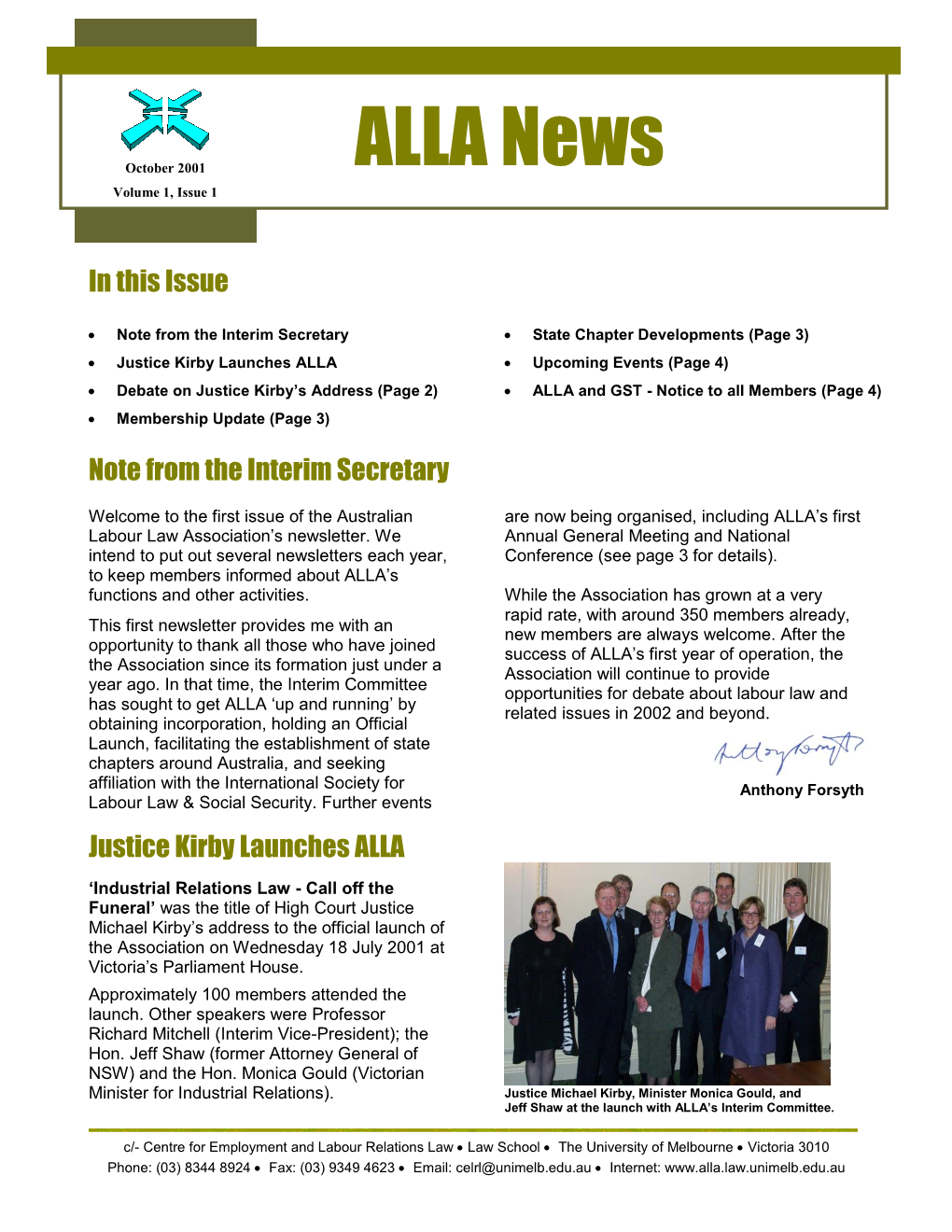 ALLA News October 2001 Volume 1, Issue 1