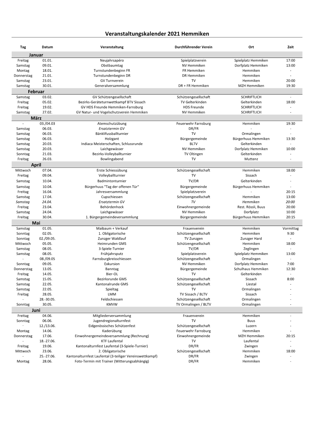 Veranstaltungskalender 2021 Hemmiken