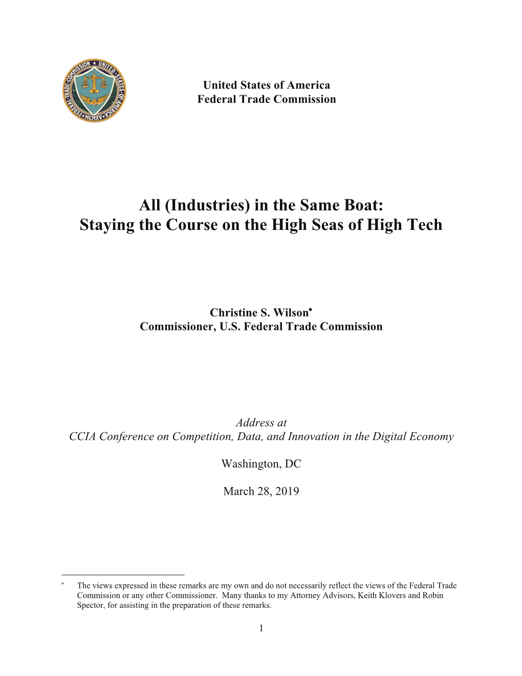 Address of FTC Commissioner Christine S. Wilson, "All (Industries) in the Same Boat: Staying the Course on the High Seas Of