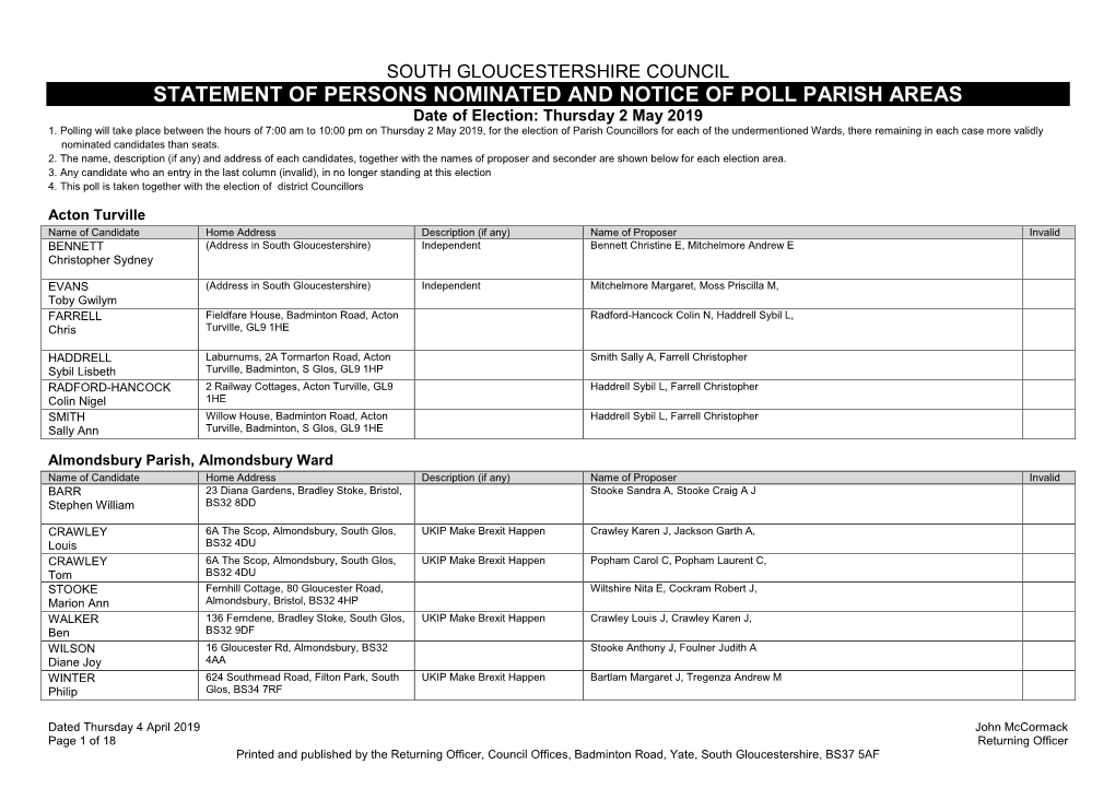 STATEMENT of PERSONS NOMINATED and NOTICE of POLL PARISH AREAS Date of Election: Thursday 2 May 2019 1