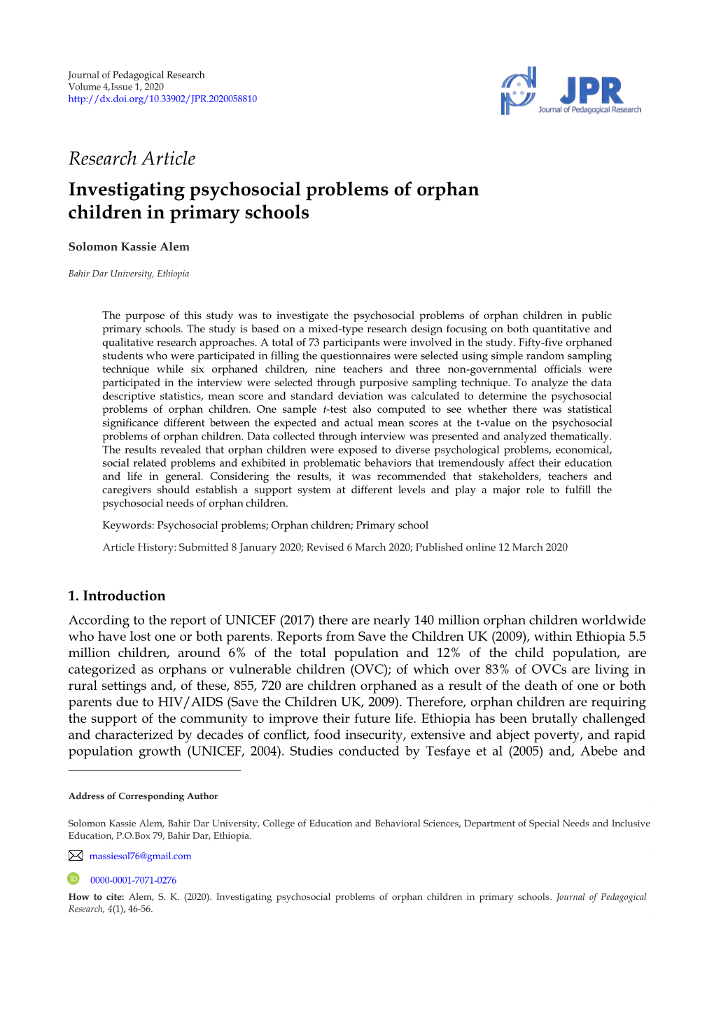 Research Article Investigating Psychosocial Problems of Orphan Children in Primary Schools