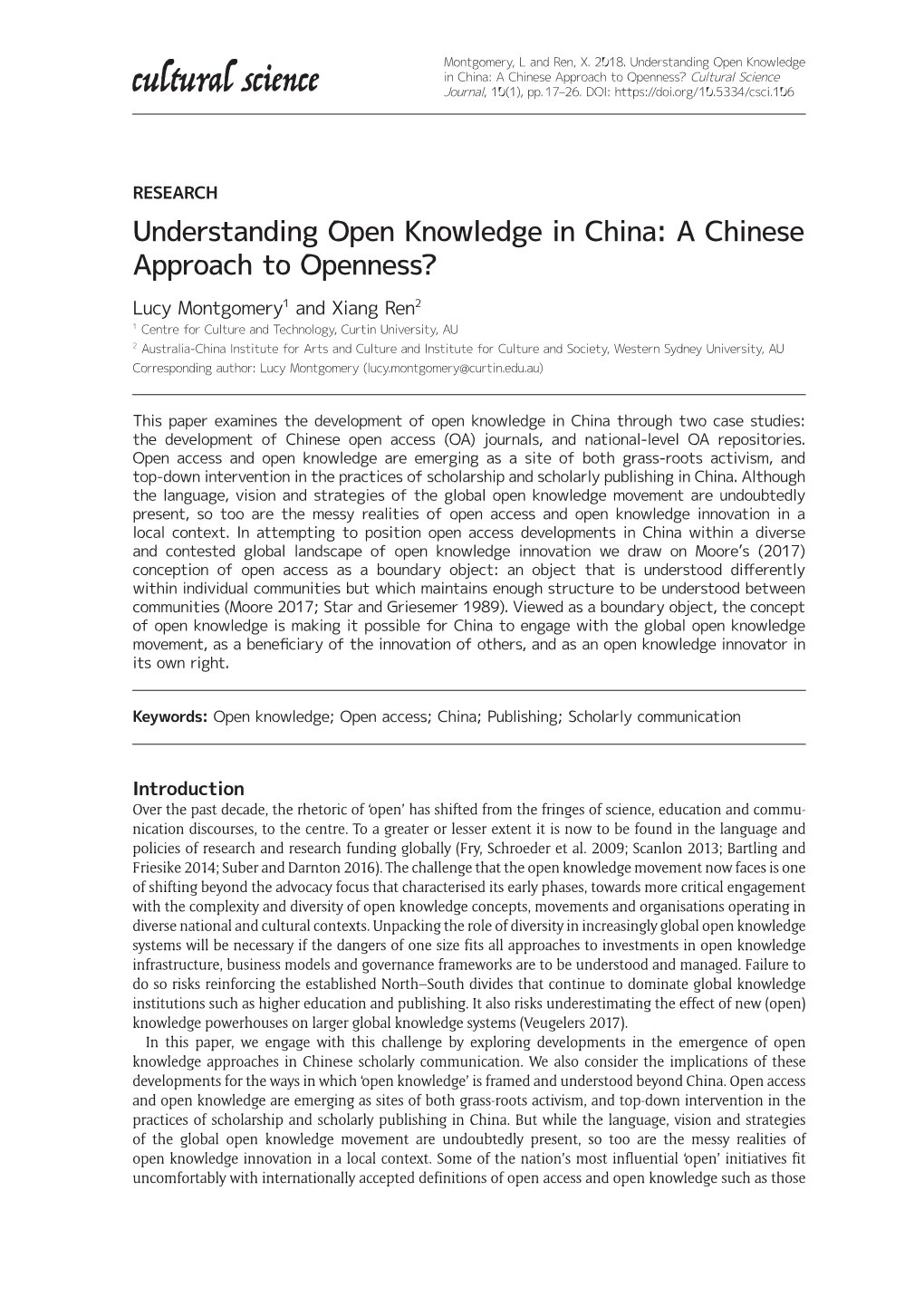 Understanding Open Knowledge in China: a Chinese Approach to Openness? Cultural Science Cultural Science Journal, 10(1), Pp