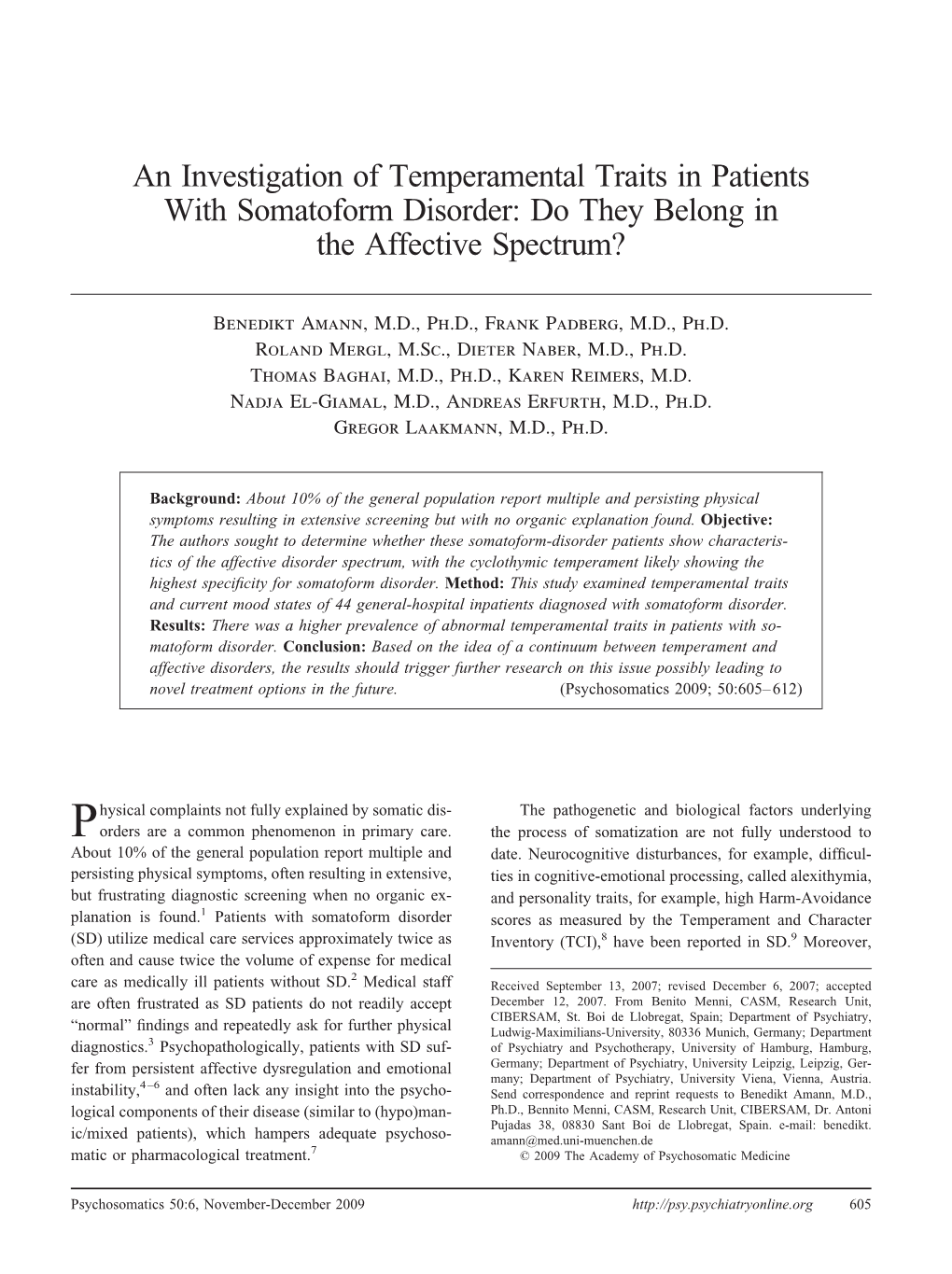 An Investigation of Temperamental Traits in Patients with Somatoform Disorder: Do They Belong in the Affective Spectrum?