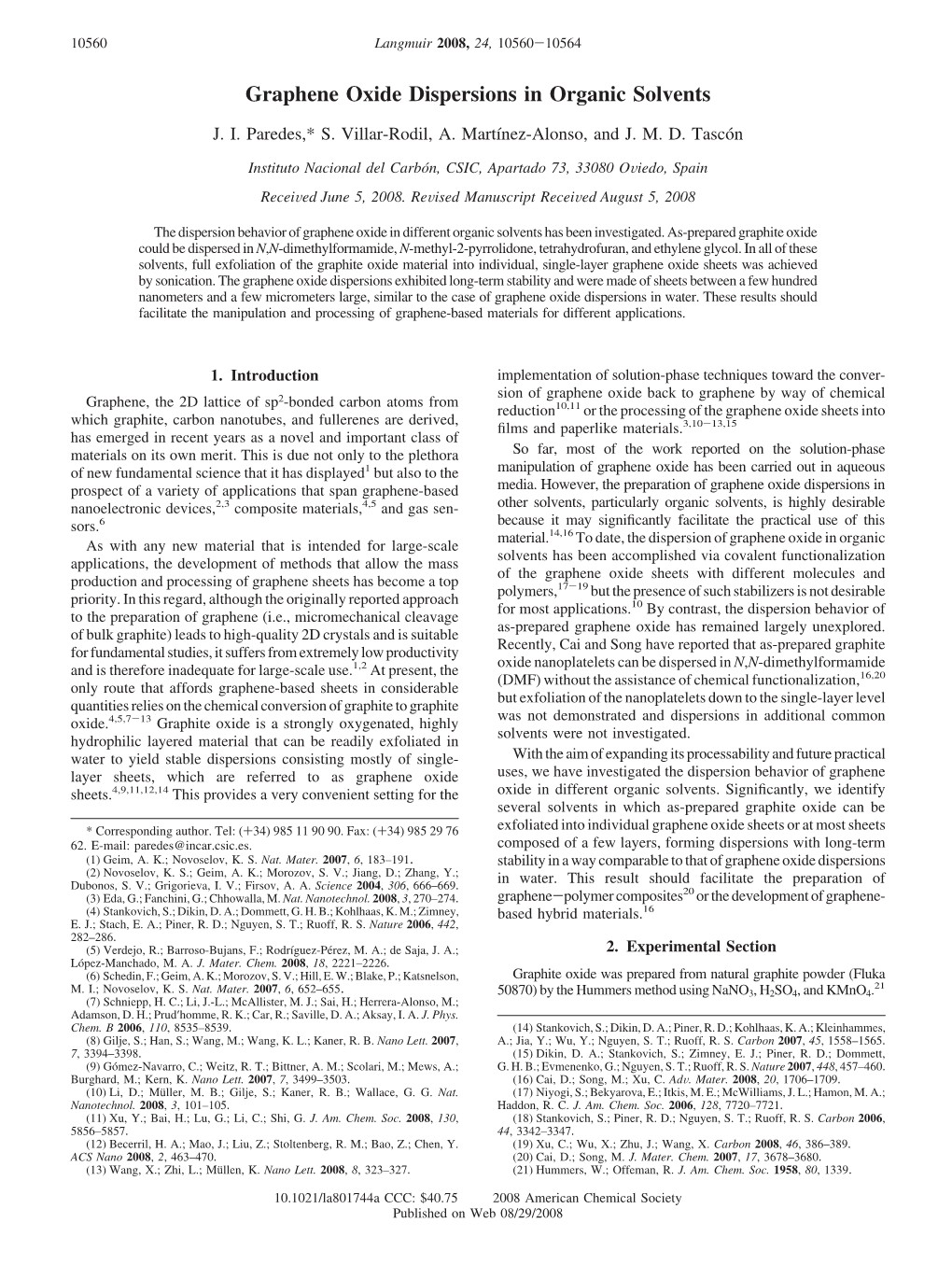 Graphene Oxide Dispersions in Organic Solvents