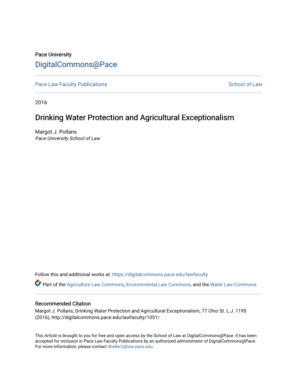 Drinking Water Protection and Agricultural Exceptionalism