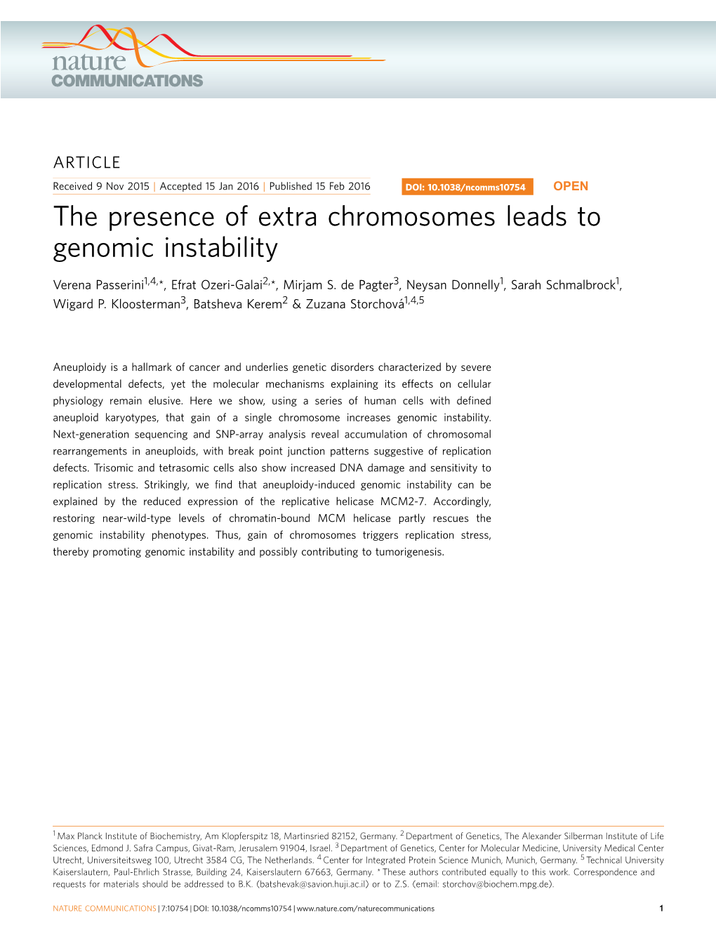 The Presence of Extra Chromosomes Leads to Genomic Instability