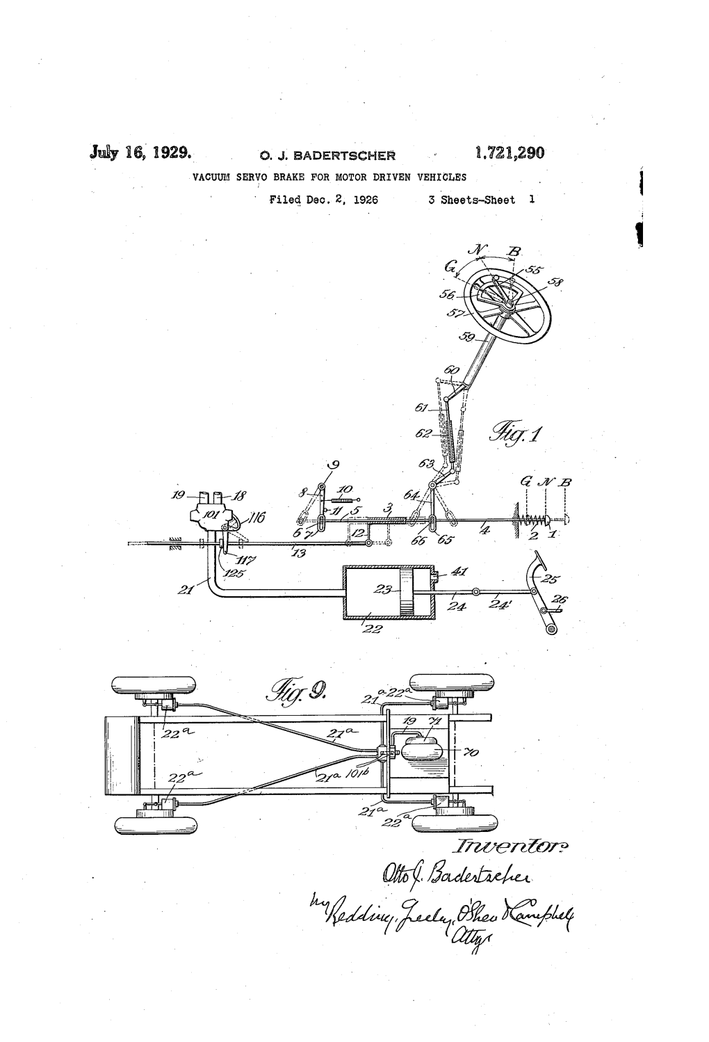 J 16» 1929» O. J. Badertscher? 2,721,290 - VACUUM SERYO BRAKE for MOTOR DRIVEN VEHICLES Filed, Dec