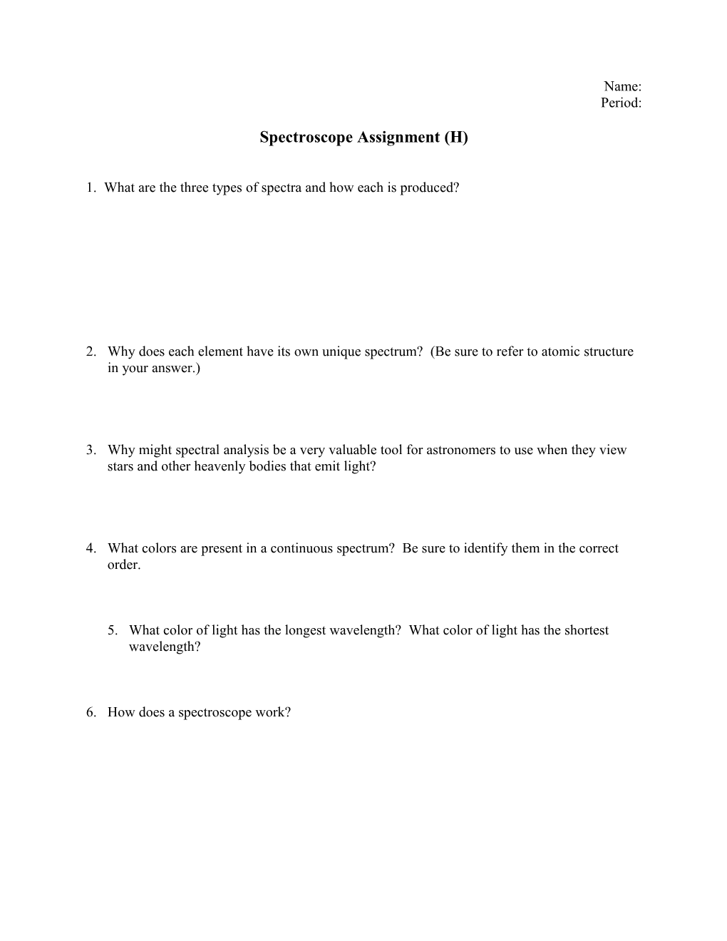 Spectroscope Assignment (H)