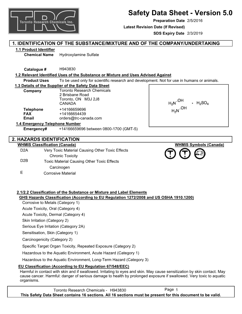 Safety Data Sheet - Version 5.0 Preparation Date 2/5/2016 Latest Revision Date (If Revised) SDS Expiry Date 2/3/2019