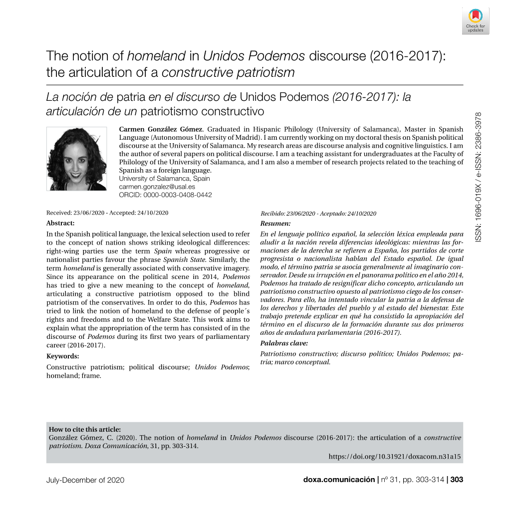 The Articulation of a Constructive Patriotism La Noción De Patria En El Discurso De Unidos Podemos (2016-2017): La Articulación De Un Patriotismo Constructivo