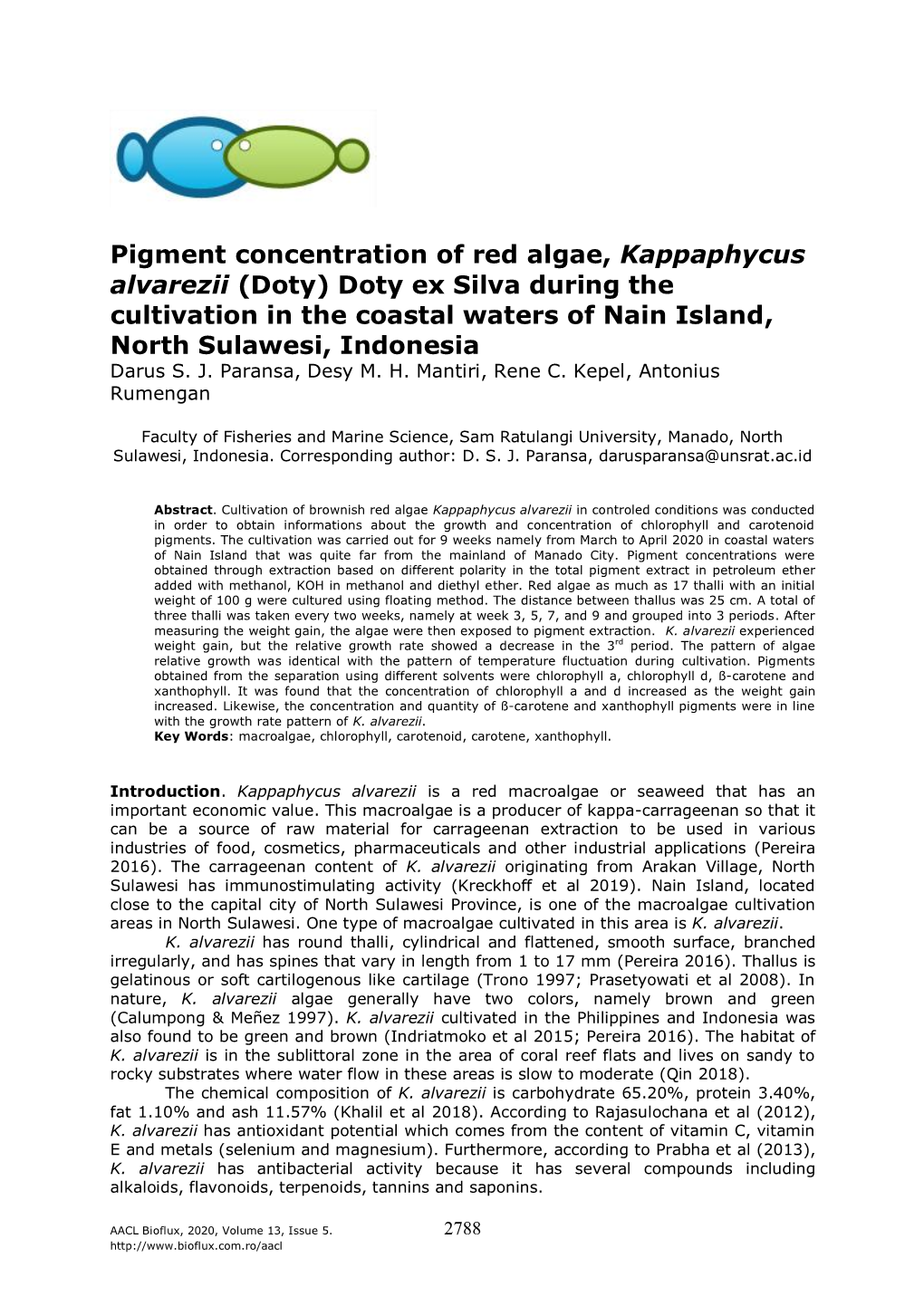 Pigment Concentration of Red Algae, Kappaphycus Alvarezii (Doty) Doty