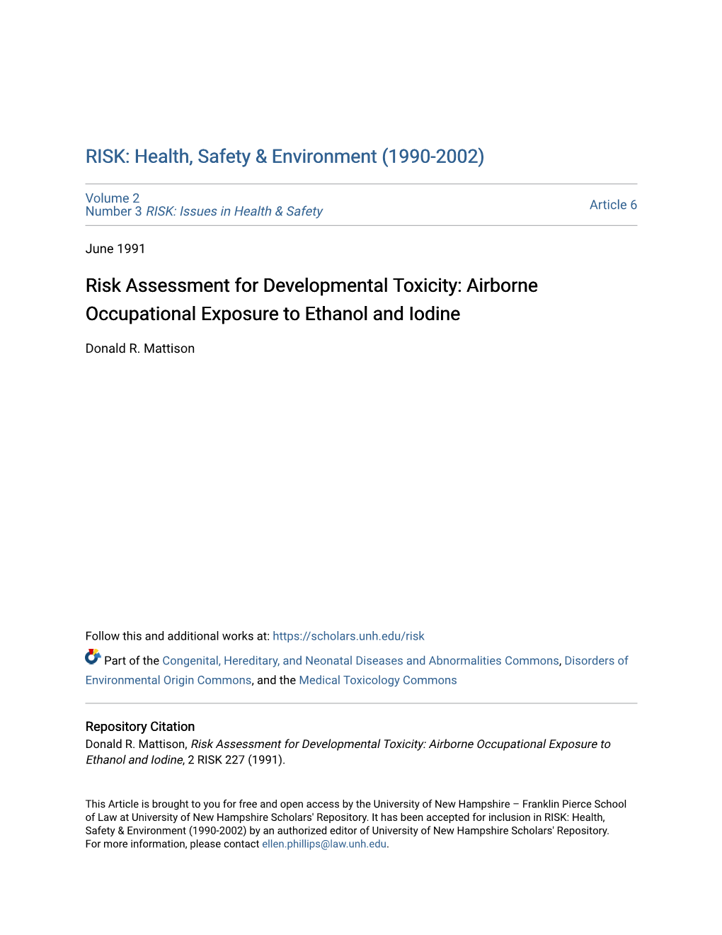 Risk Assessment for Developmental Toxicity: Airborne Occupational Exposure to Ethanol and Iodine