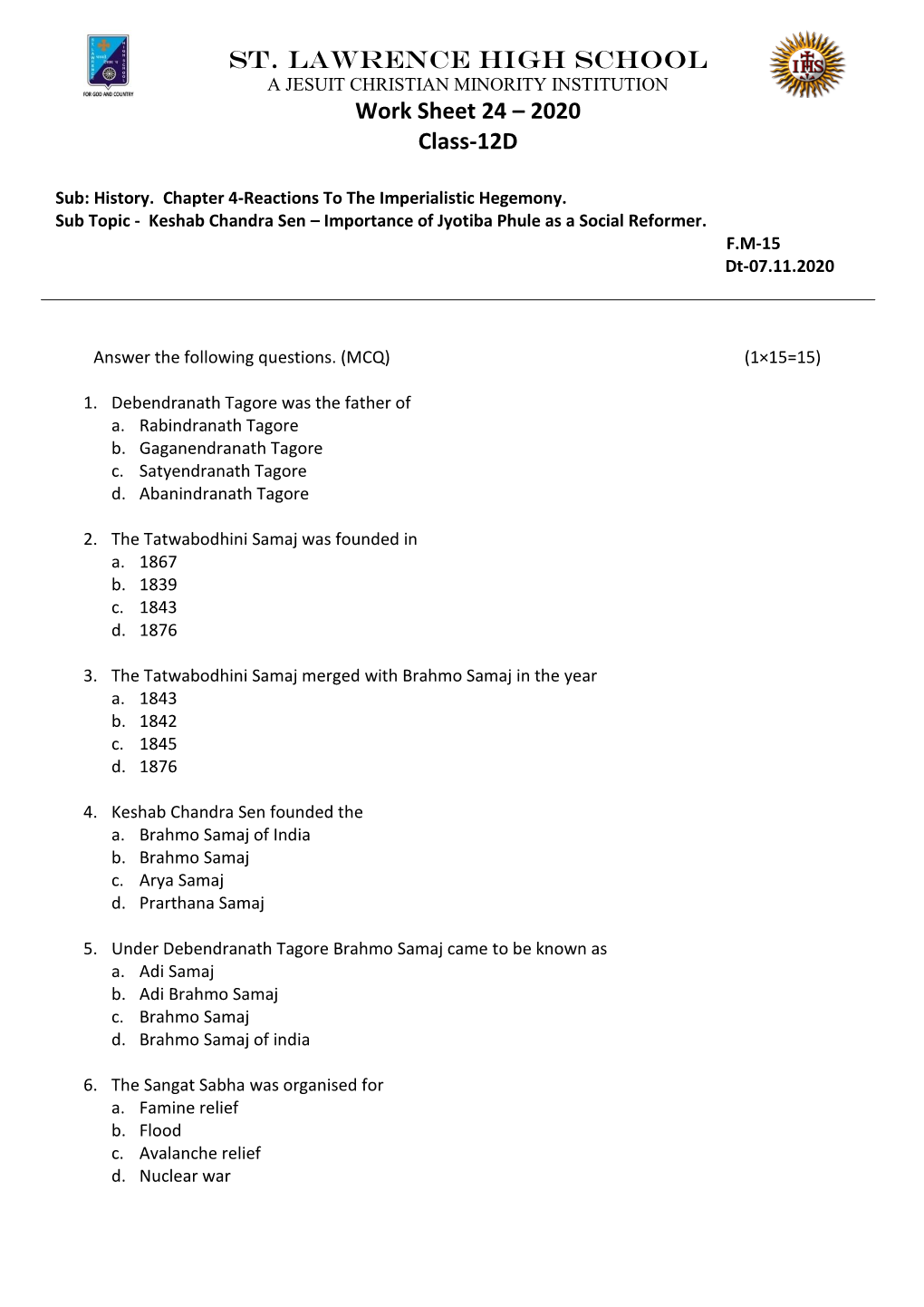 ST. LAWRENCE High SCHOOL Work Sheet 24 – 2020 Class-12D