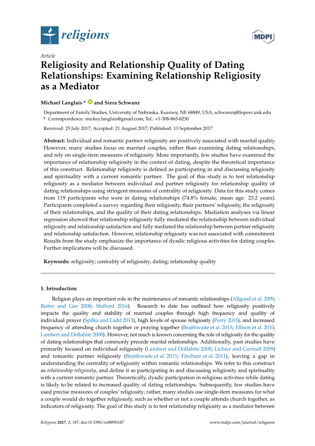 Religiosity and Relationship Quality of Dating Relationships: Examining Relationship Religiosity As a Mediator