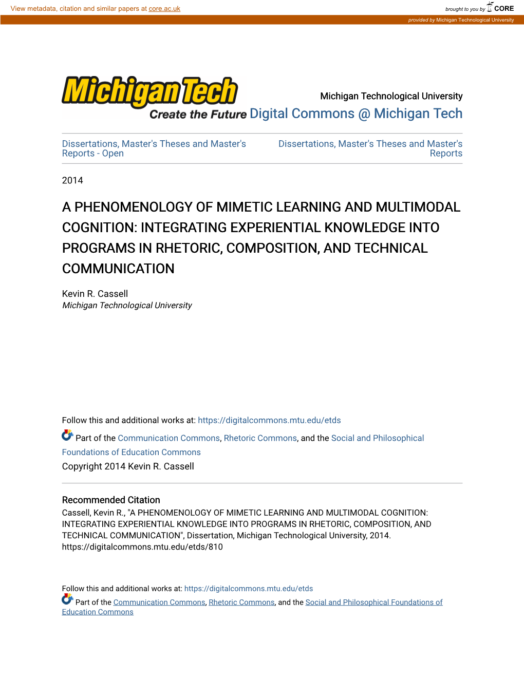 A Phenomenology of Mimetic Learning and Multimodal Cognition: Integrating Experiential Knowledge Into Programs in Rhetoric, Composition, and Technical Communication