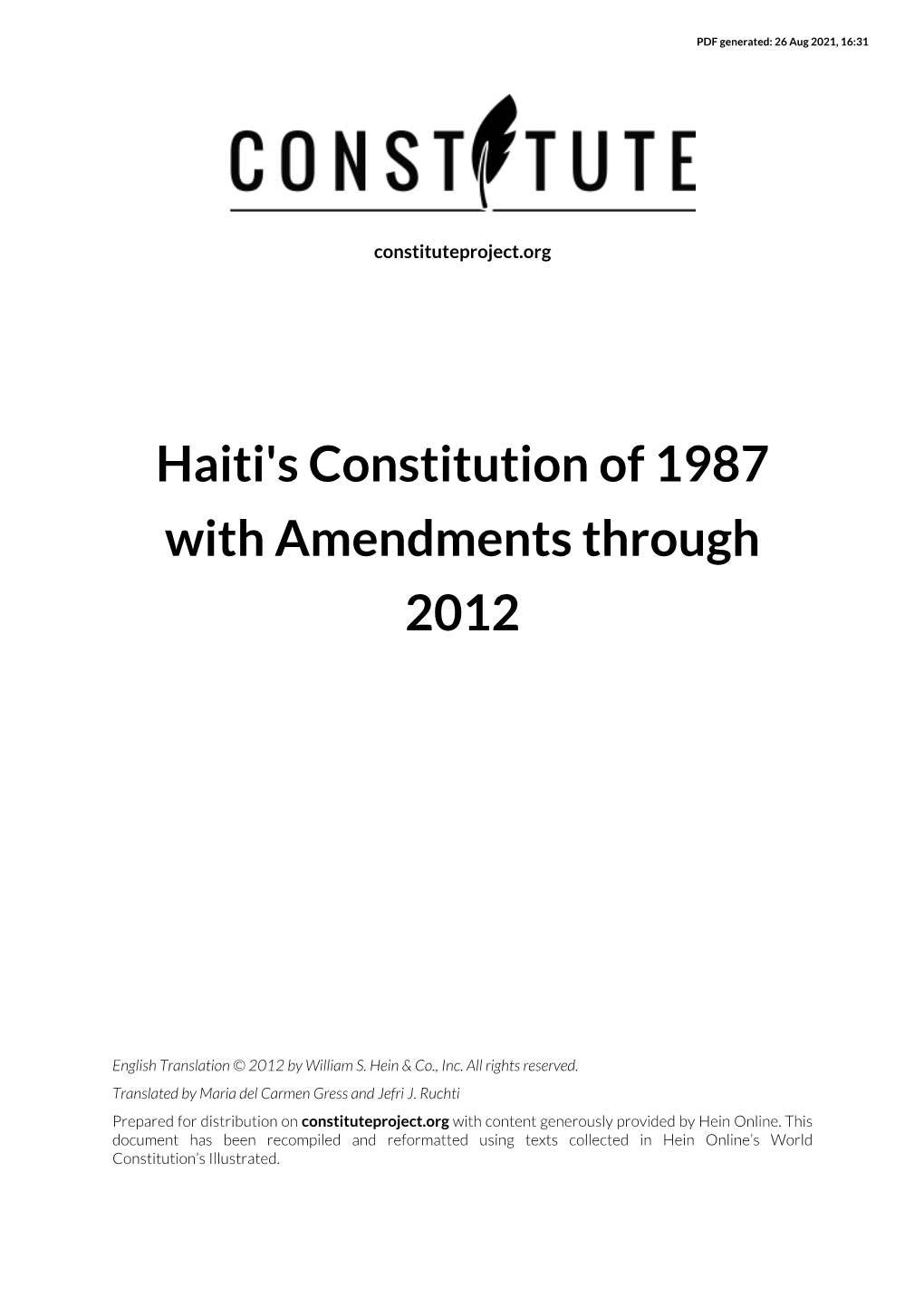 Haiti's Constitution of 1987 with Amendments Through 2012