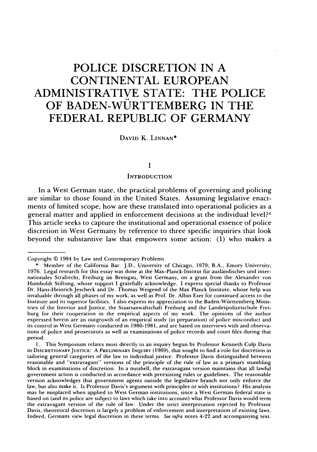 Police Discretion in a Continental European Administrative State: the Police of Baden-Wurttemberg in the Federal Republic of Germany