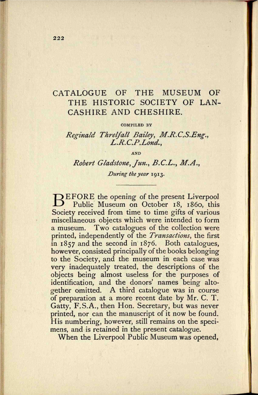 Catalogue of the Museum of the Historic Society of Lan­ Cashire and Cheshire