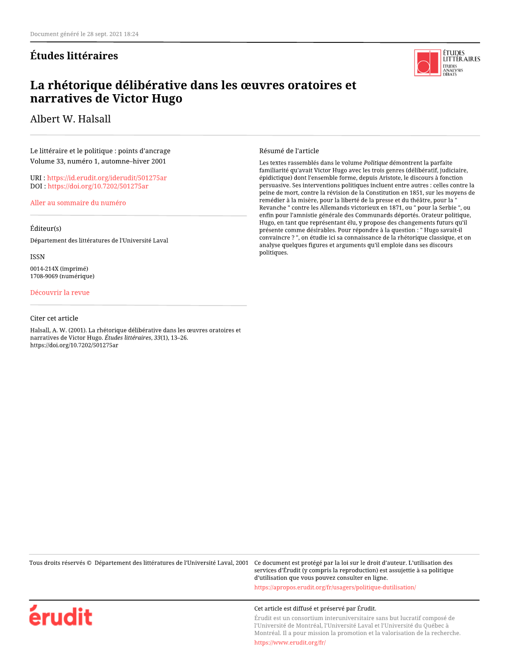 La Rhétorique Délibérative Dans Les Œuvres Oratoires Et Narratives De Victor Hugo Albert W