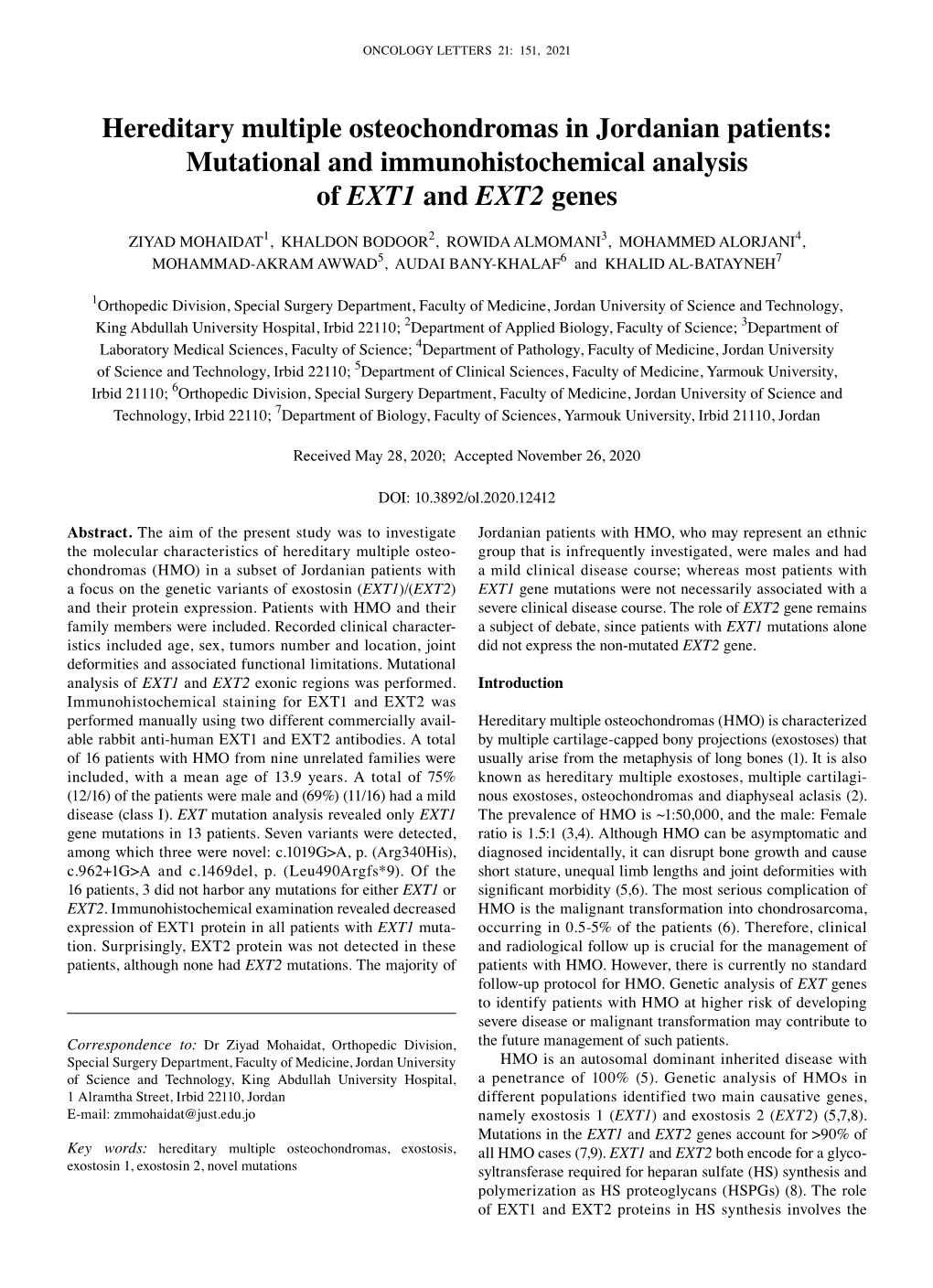 Hereditary Multiple Osteochondromas in Jordanian Patients: Mutational and Immunohistochemical Analysis of EXT1 and EXT2 Genes