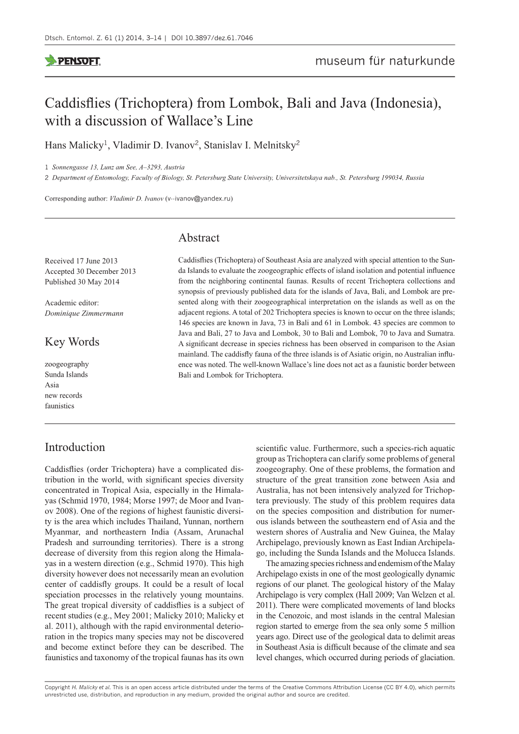 (Trichoptera) from Lombok, Bali and Java (Indonesia), with a Discussion of Wallace’S Line