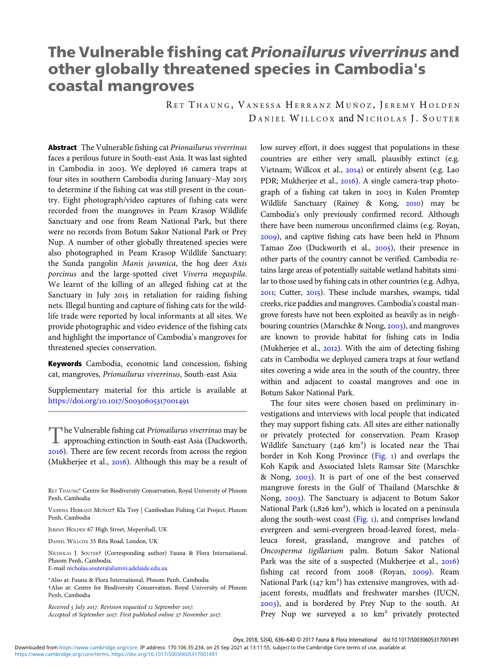 The Vulnerable Fishing Cat Prionailurus Viverrinus and Other Globally Threatened Species in Cambodia's Coastal Mangroves