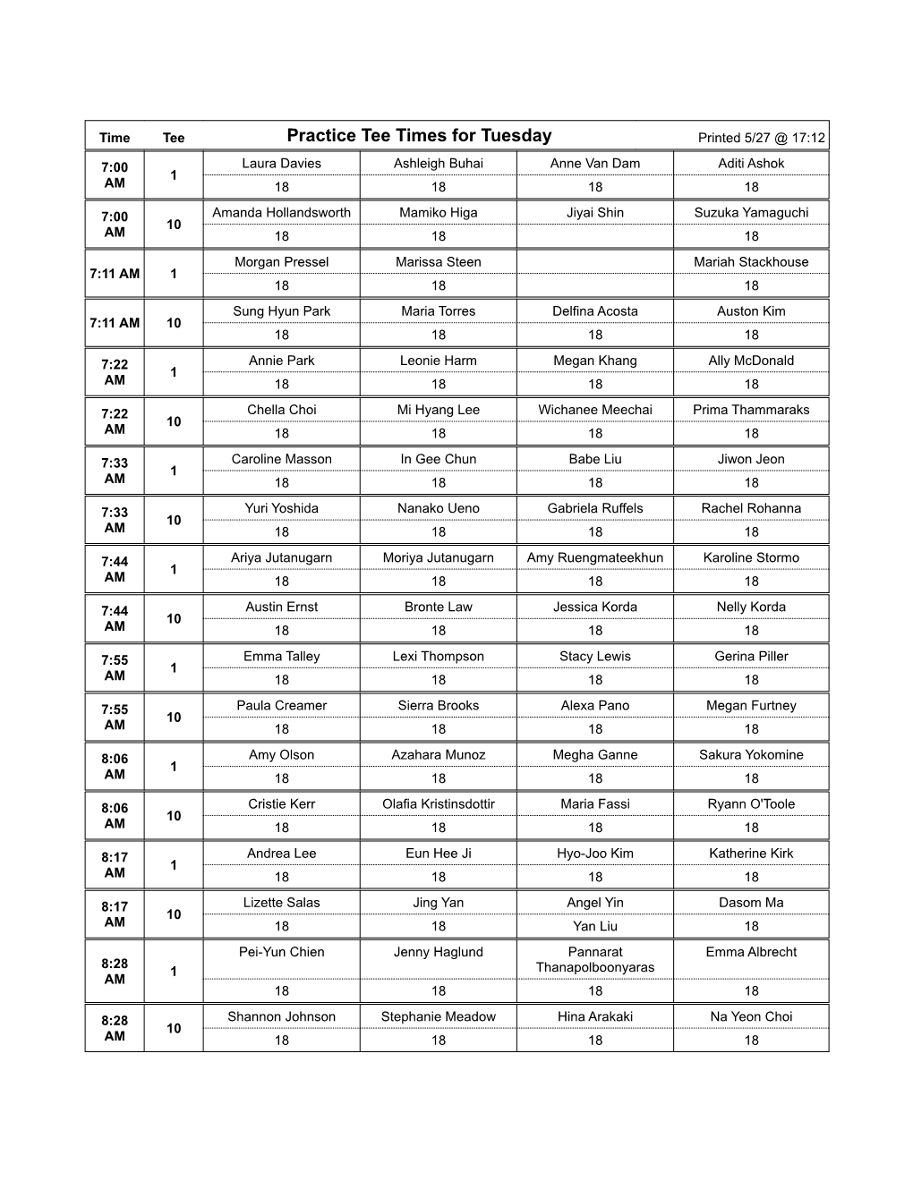 Tee Times for Tuesday Printed 5/27 @ 17:12