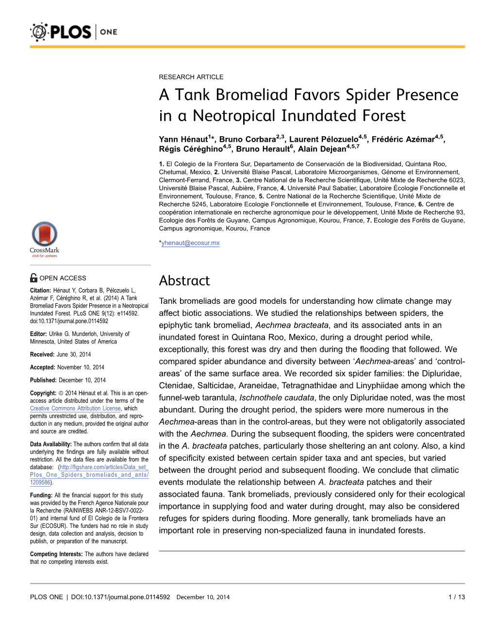 A Tank Bromeliad Favors Spider Presence in a Neotropical Inundated Forest