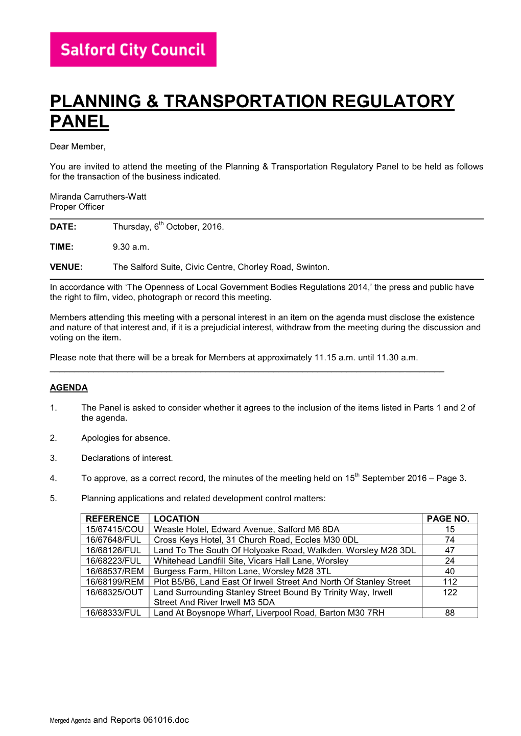 Planning & Transportation Regulatory Panel