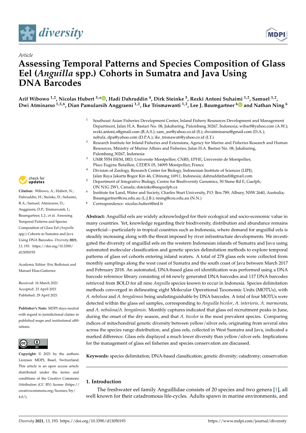 Assessing Temporal Patterns and Species Composition of Glass Eel (Anguilla Spp.) Cohorts in Sumatra and Java Using DNA Barcodes