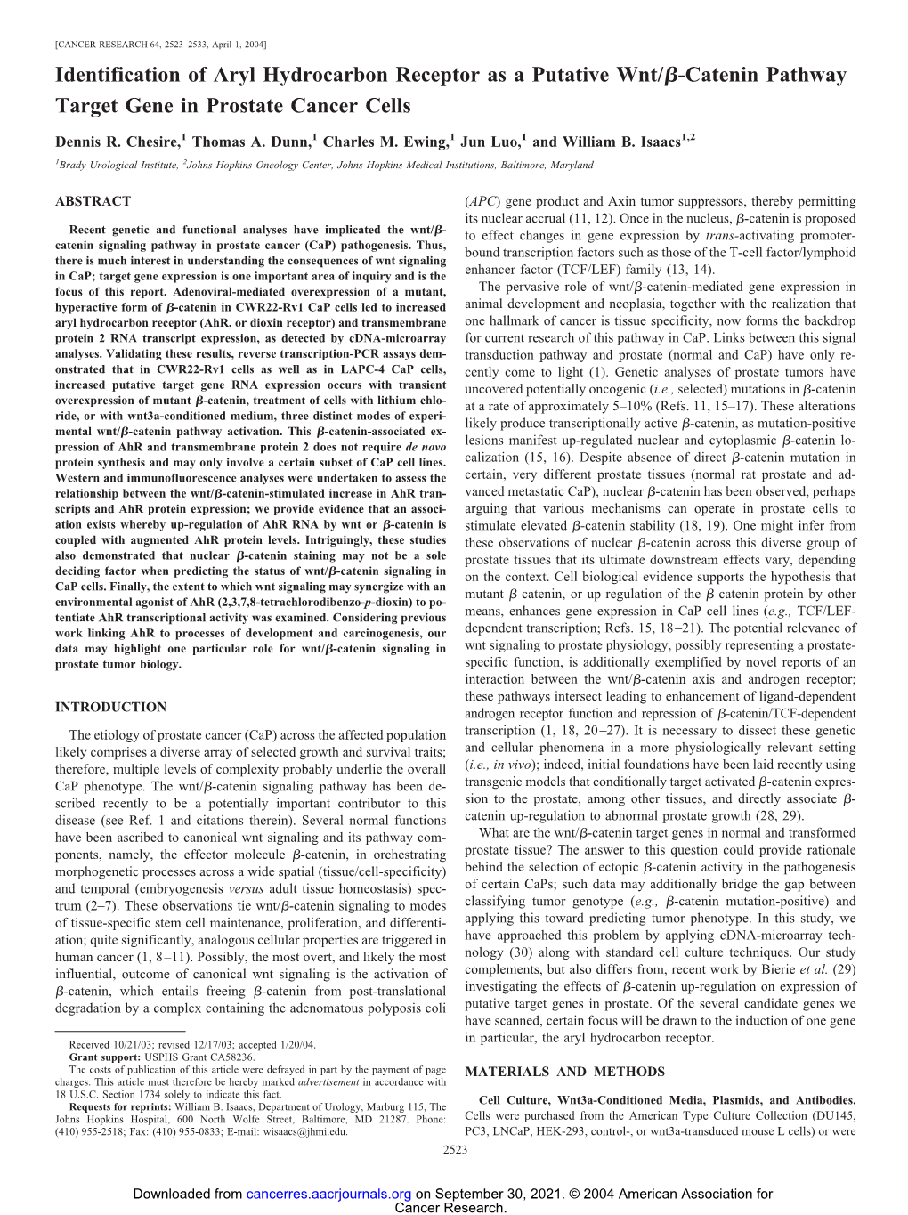 Identification of Aryl Hydrocarbon Receptor As a Putative Wnt/ß