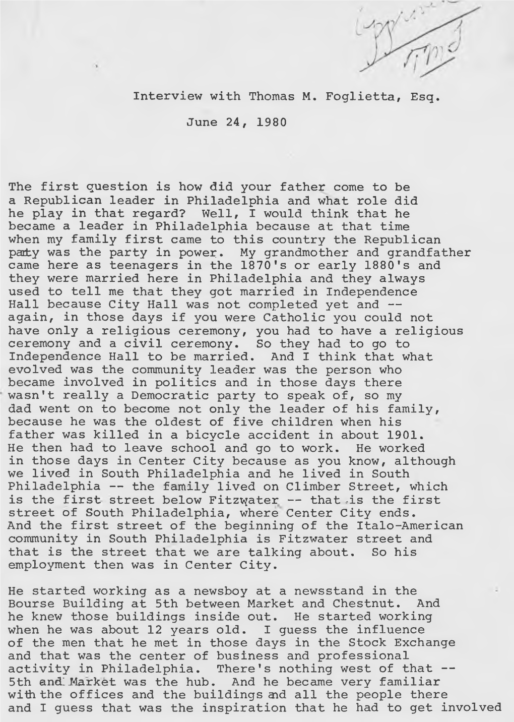 Interview with Thomas M. Foglietta, Esq. June 24, 1980 the First