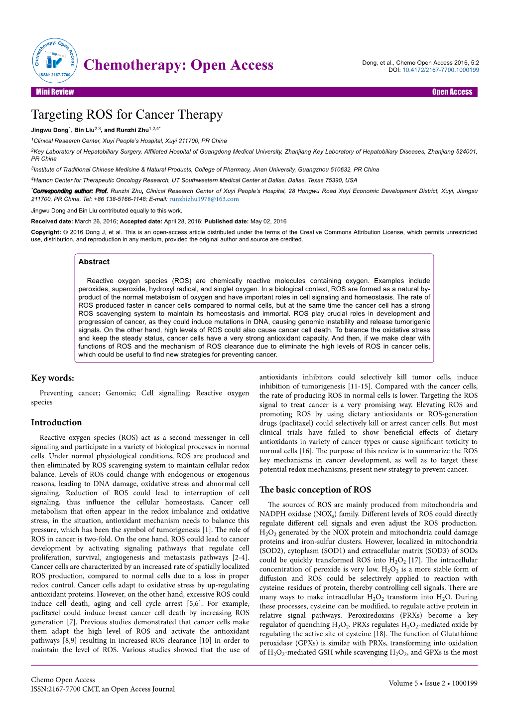 Targeting ROS for Cancer Therapy