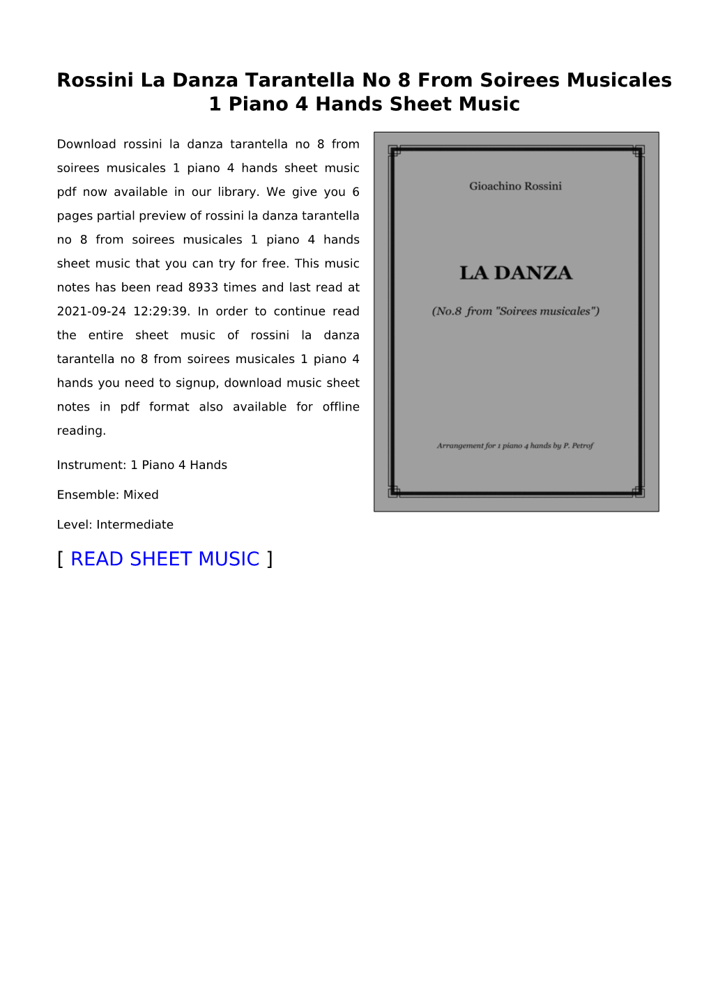 Rossini La Danza Tarantella No 8 from Soirees Musicales 1 Piano 4 Hands Sheet Music