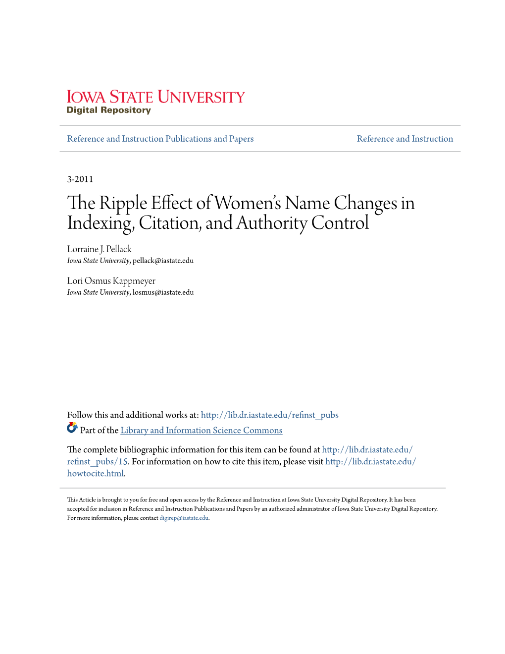 The Ripple Effect of Women's Name Changes in Indexing, Citation, and Authority Control