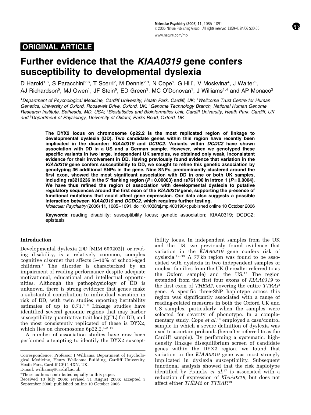 Further Evidence That the KIAA0319 Gene Confers Susceptibility To