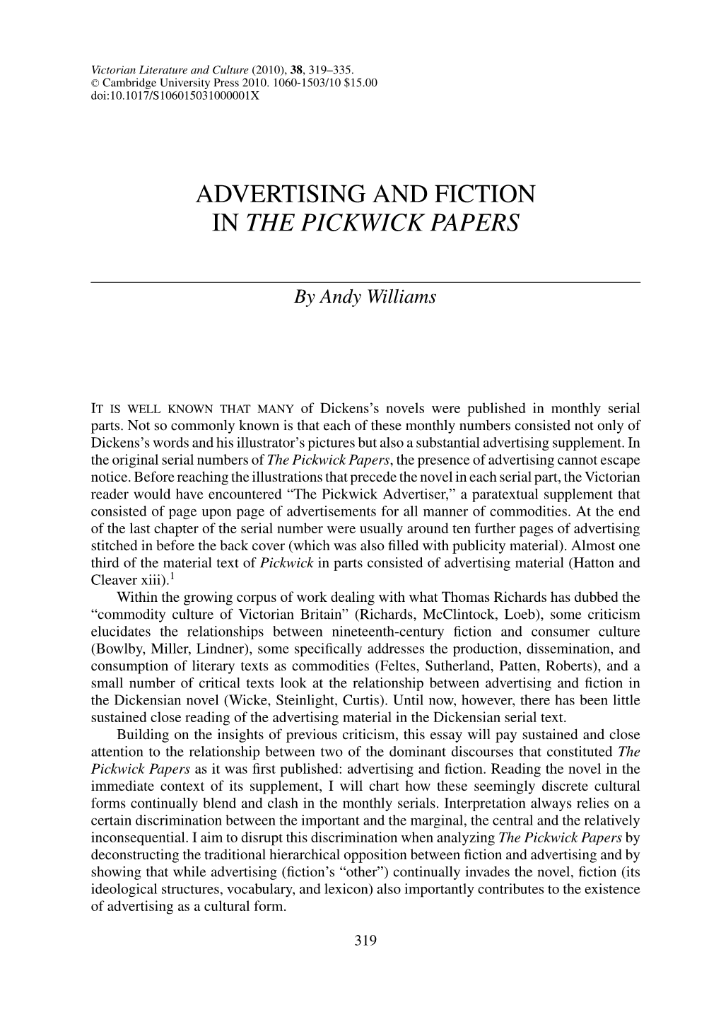 Advertising and Fiction in the Pickwick Papers