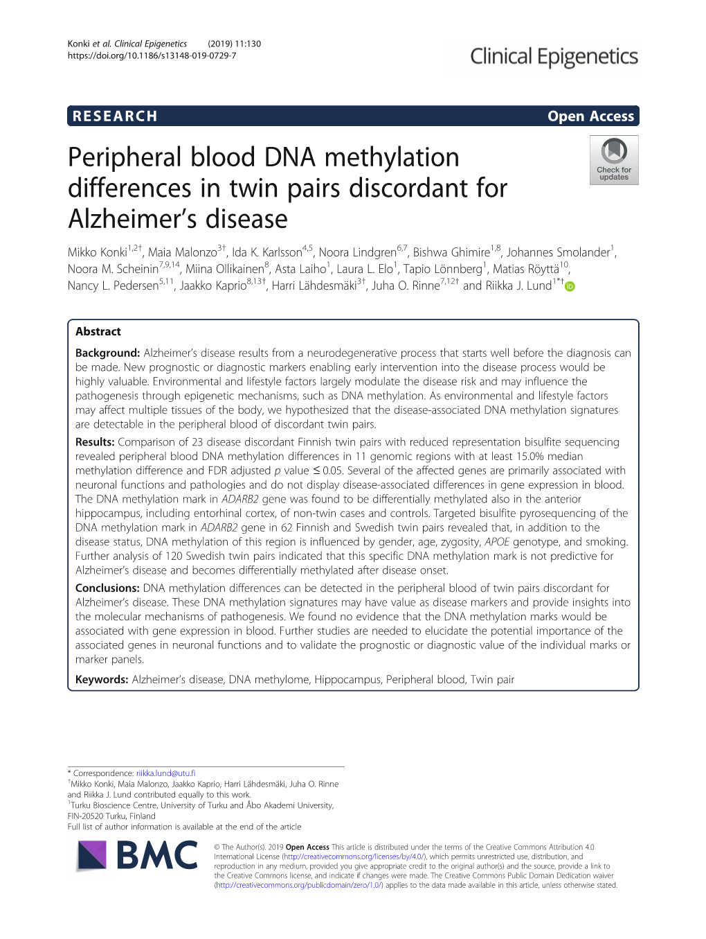 Peripheral Blood DNA Methylation Differences in Twin Pairs Discordant for Alzheimer’S Disease Mikko Konki1,2†, Maia Malonzo3†, Ida K