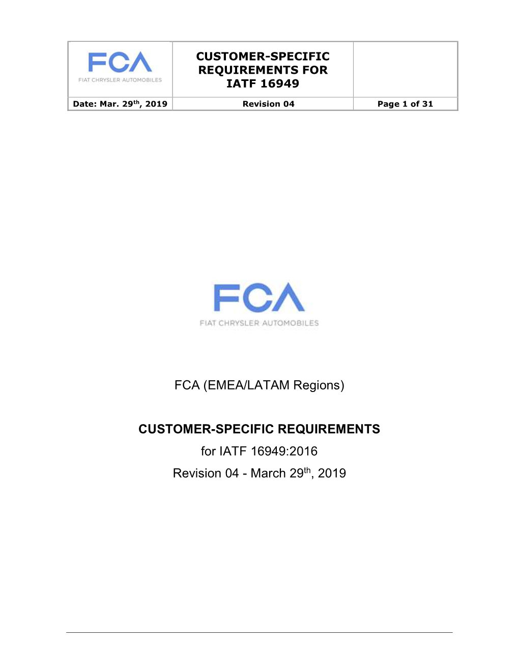 FCA EMEA/LATAM Regions Customer Specific Requirements for IATF 16949:2016