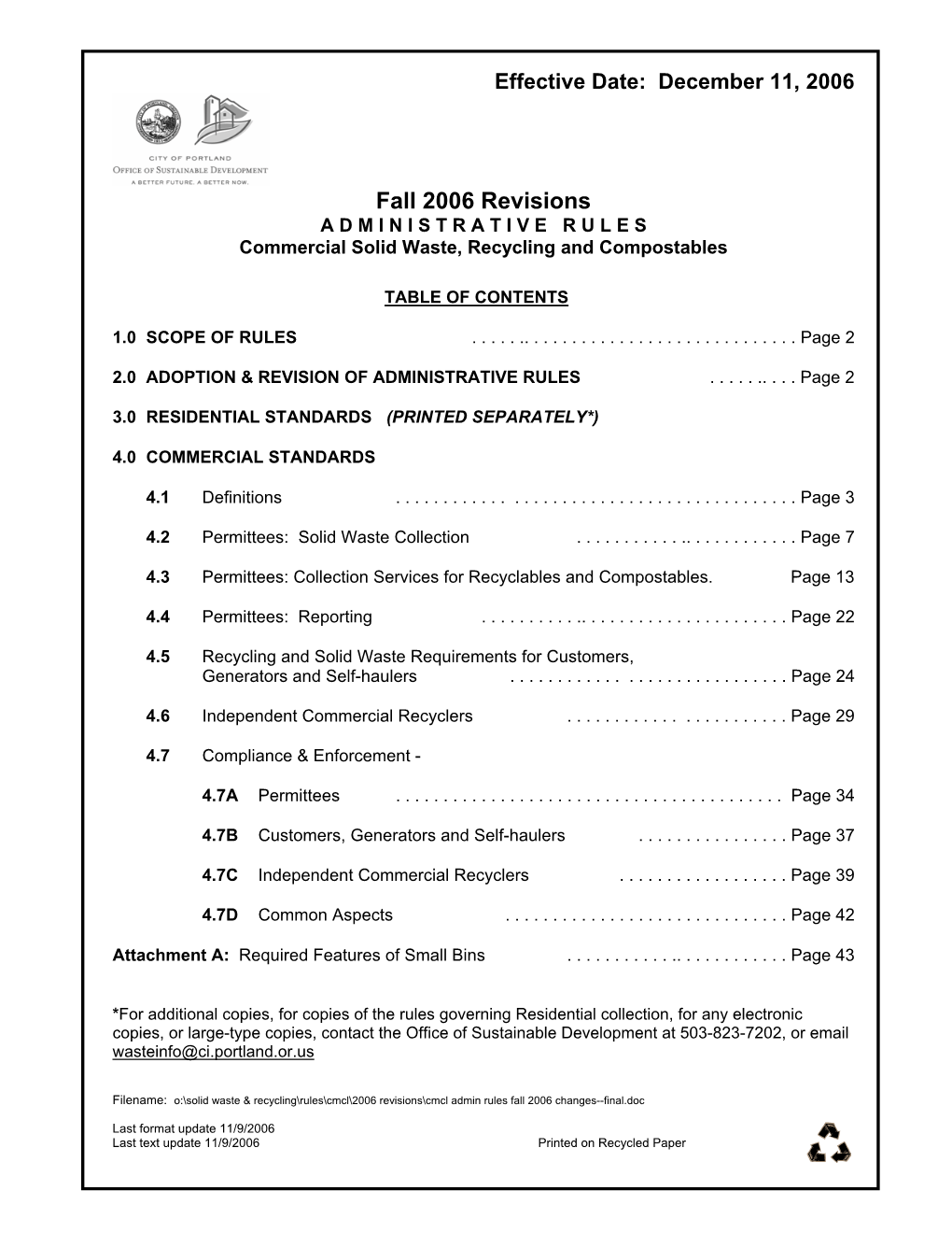 Fall 2006 Revisions a D M I N I S T R a T I V E R U L E S Commercial Solid Waste, Recycling and Compostables