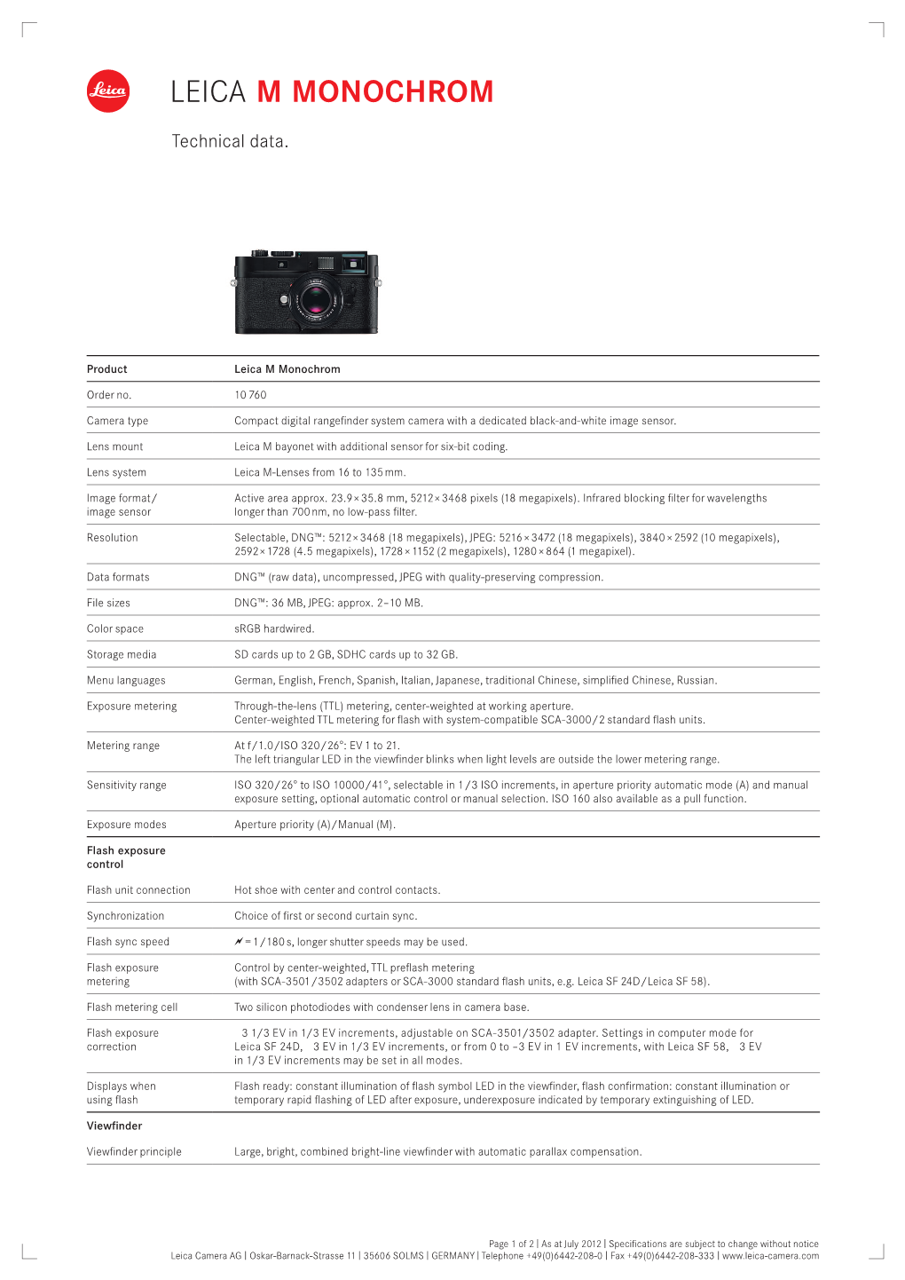 Leica M Monochrome Tech Specs