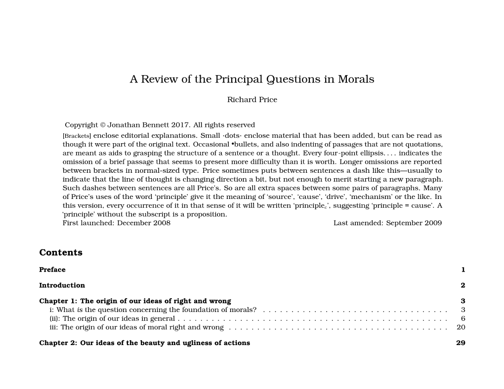 A Review of the Principal Questions in Morals