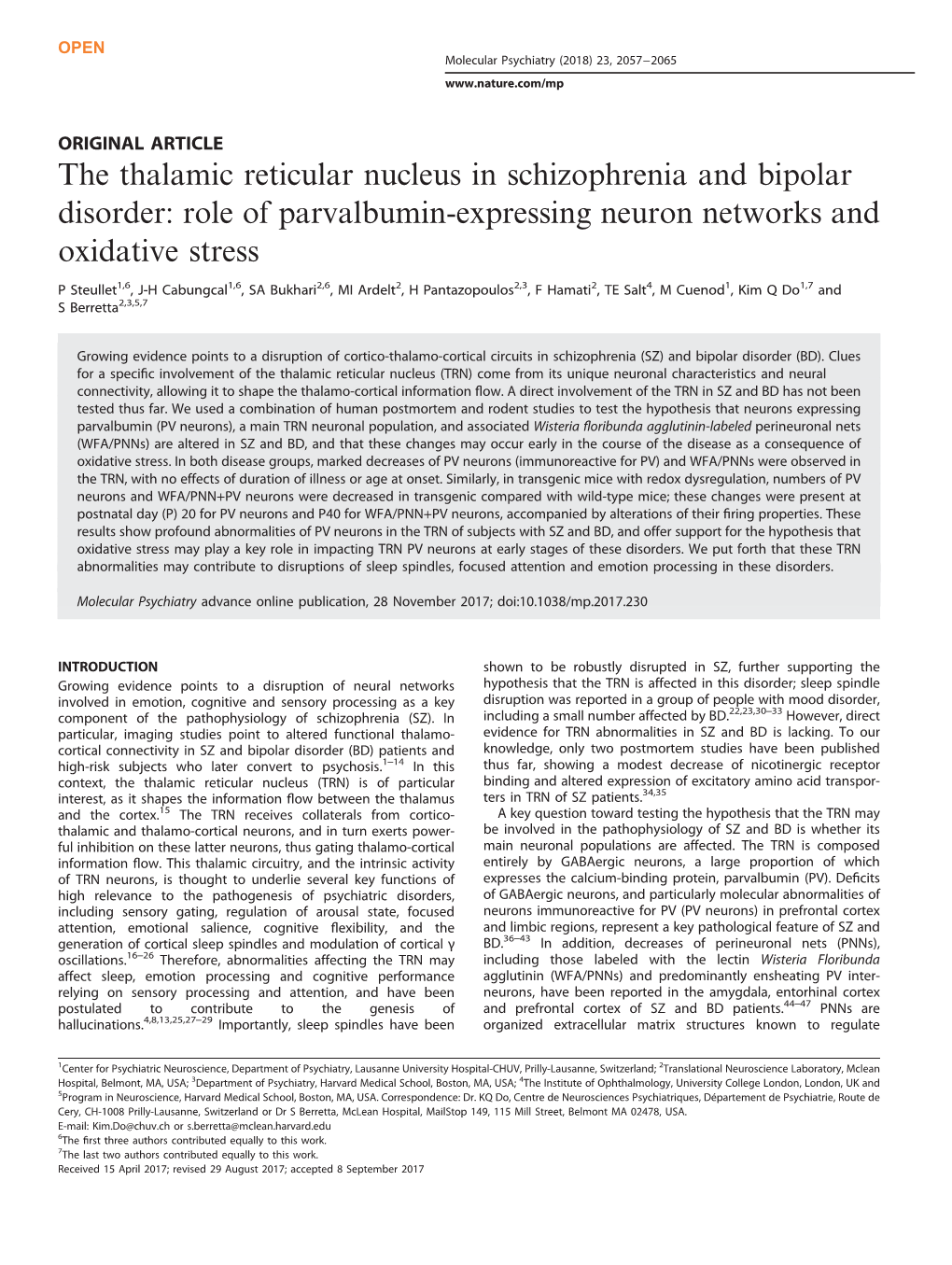 The Thalamic Reticular Nucleus in Schizophrenia and Bipolar Disorder: Role of Parvalbumin-Expressing Neuron Networks and Oxidative Stress