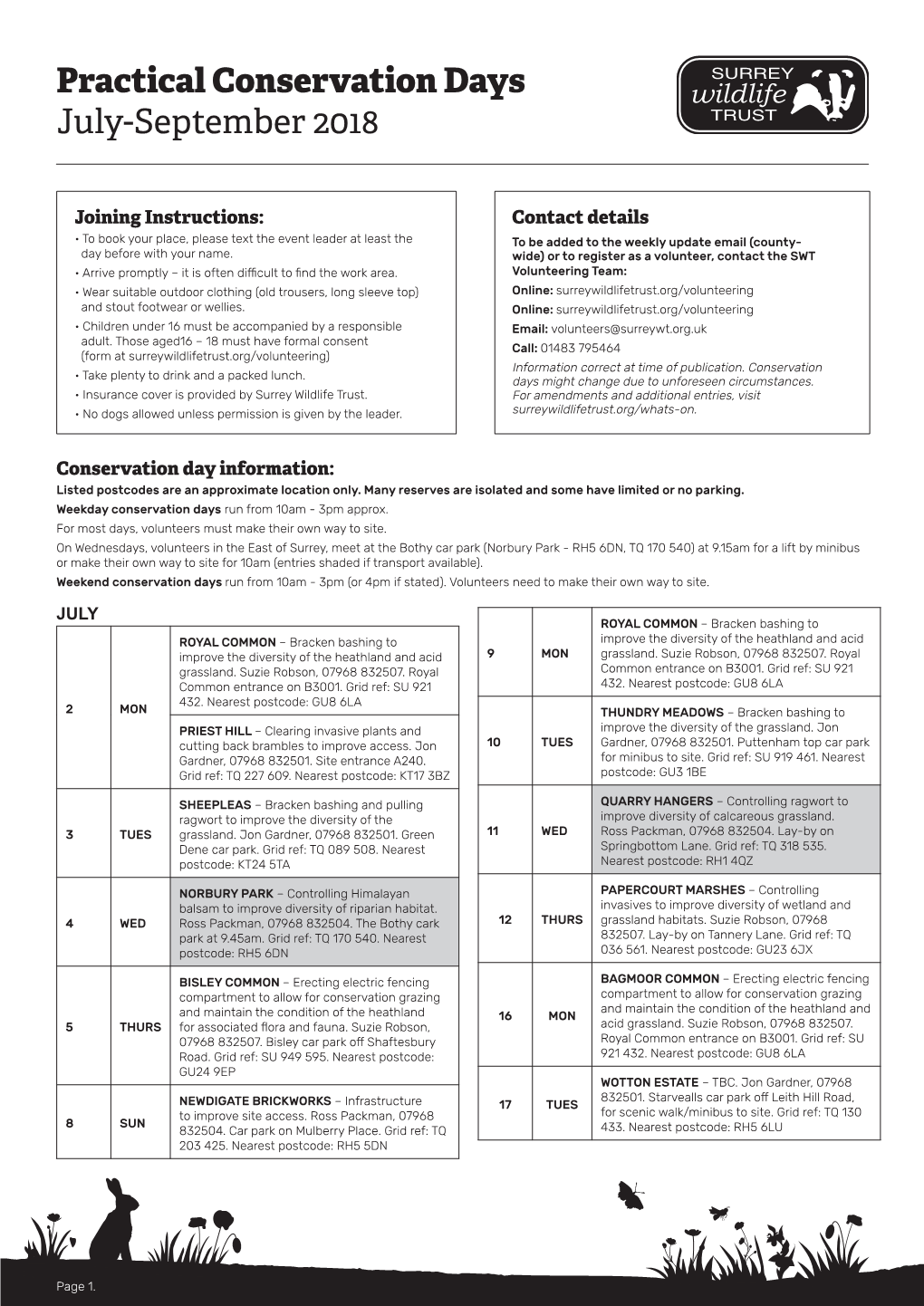 Practical Conservation Days July-September 2018