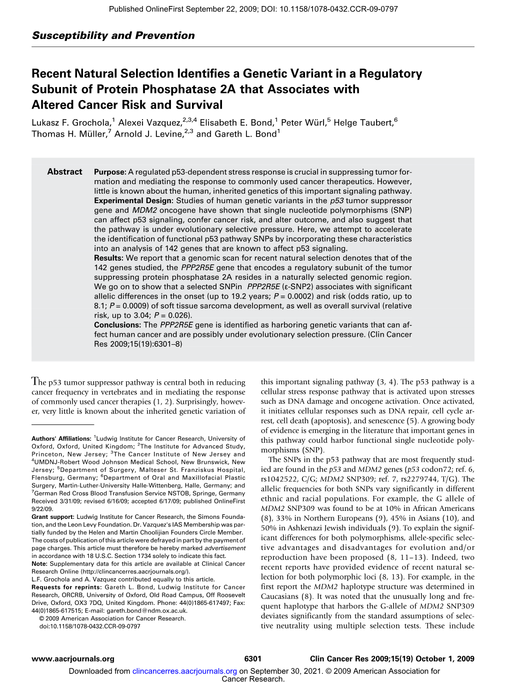 Recent Natural Selection Identifies a Genetic Variant in a Regulatory Subunit of Protein Phosphatase 2A That Associates with Altered Cancer Risk and Survival Lukasz F