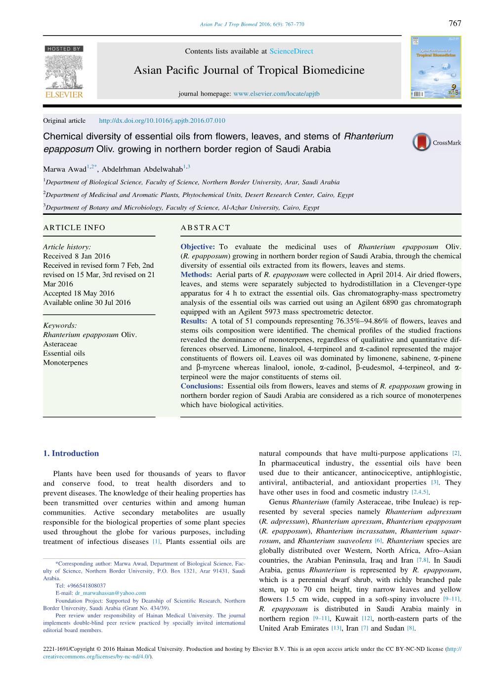 Chemical Diversity of Essential Oils from Flowers, Leaves, and Stems of Rhanterium Epapposum Oliv. Growing in Northern Border Region of Saudi Arabia